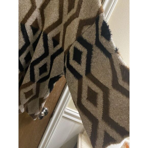 Jodifl Tan Brown Black Geometric Faux Hair Print Cardigan Sz L Western Soft Open - Picture 16 of 16